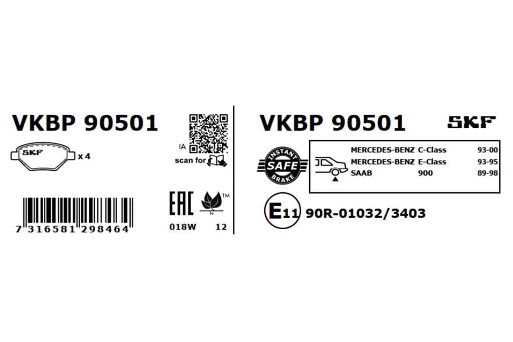 Jeu de 4 plaquettes de frein SKF ref. VKBP 90501